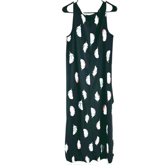 Shein Black Feather Print Sleeveless Maxi Dress Size M - Picture 2 of 12